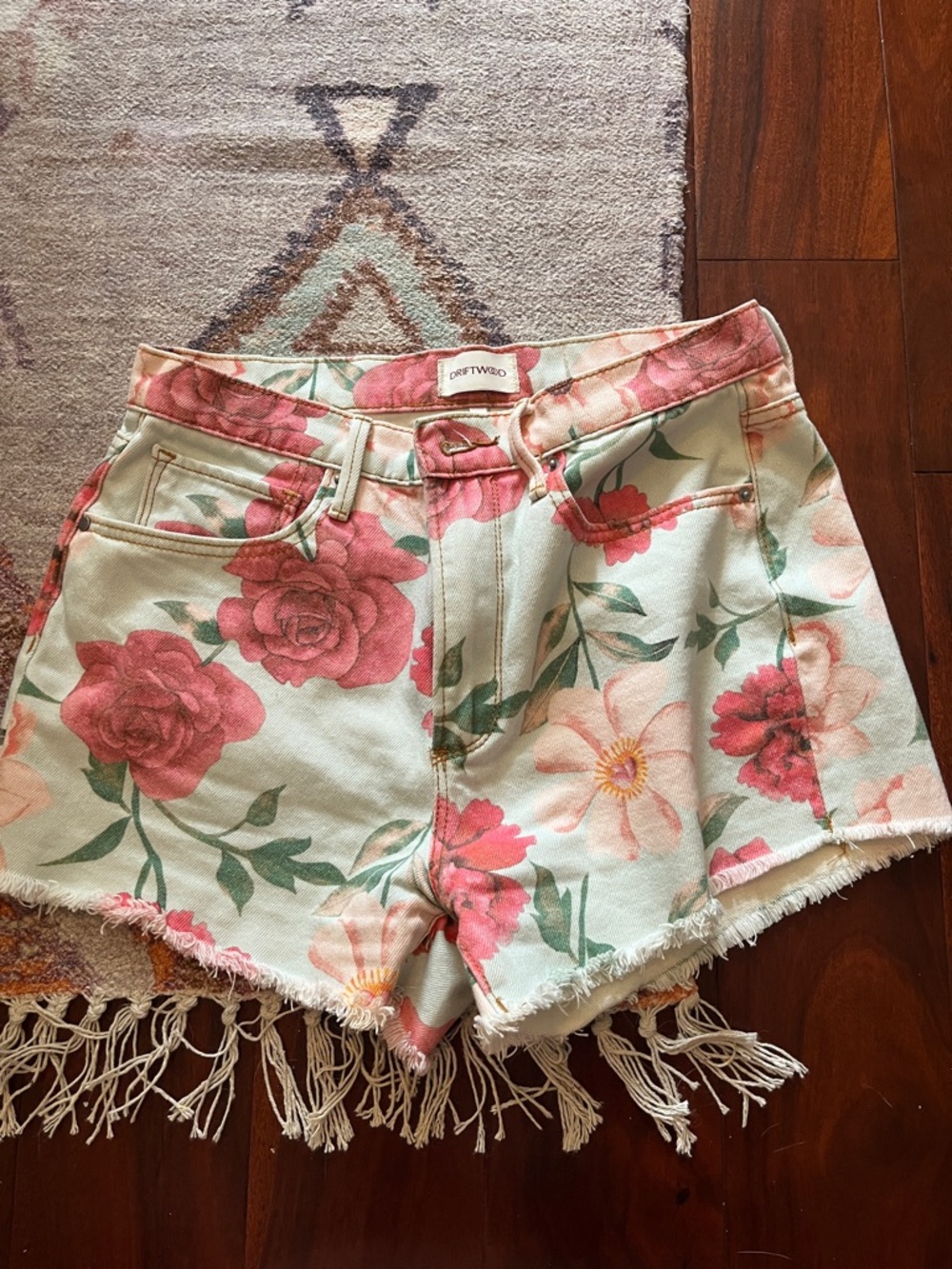 DRIFTWOOD Goldie Mint Floral High-Rise Jean Shorts - Pink Blooms
